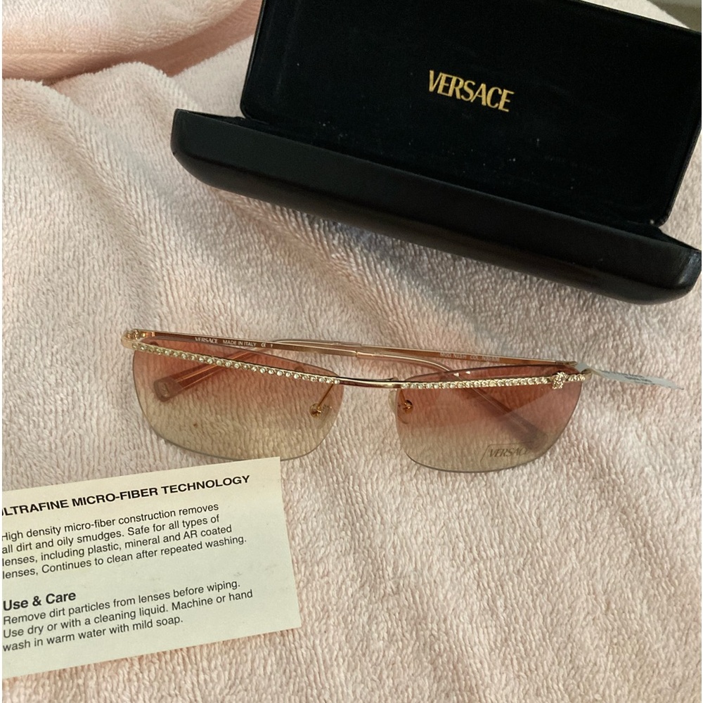 Versace Pink Gradient Rimless Sunglasses with Gold Crystal Brow